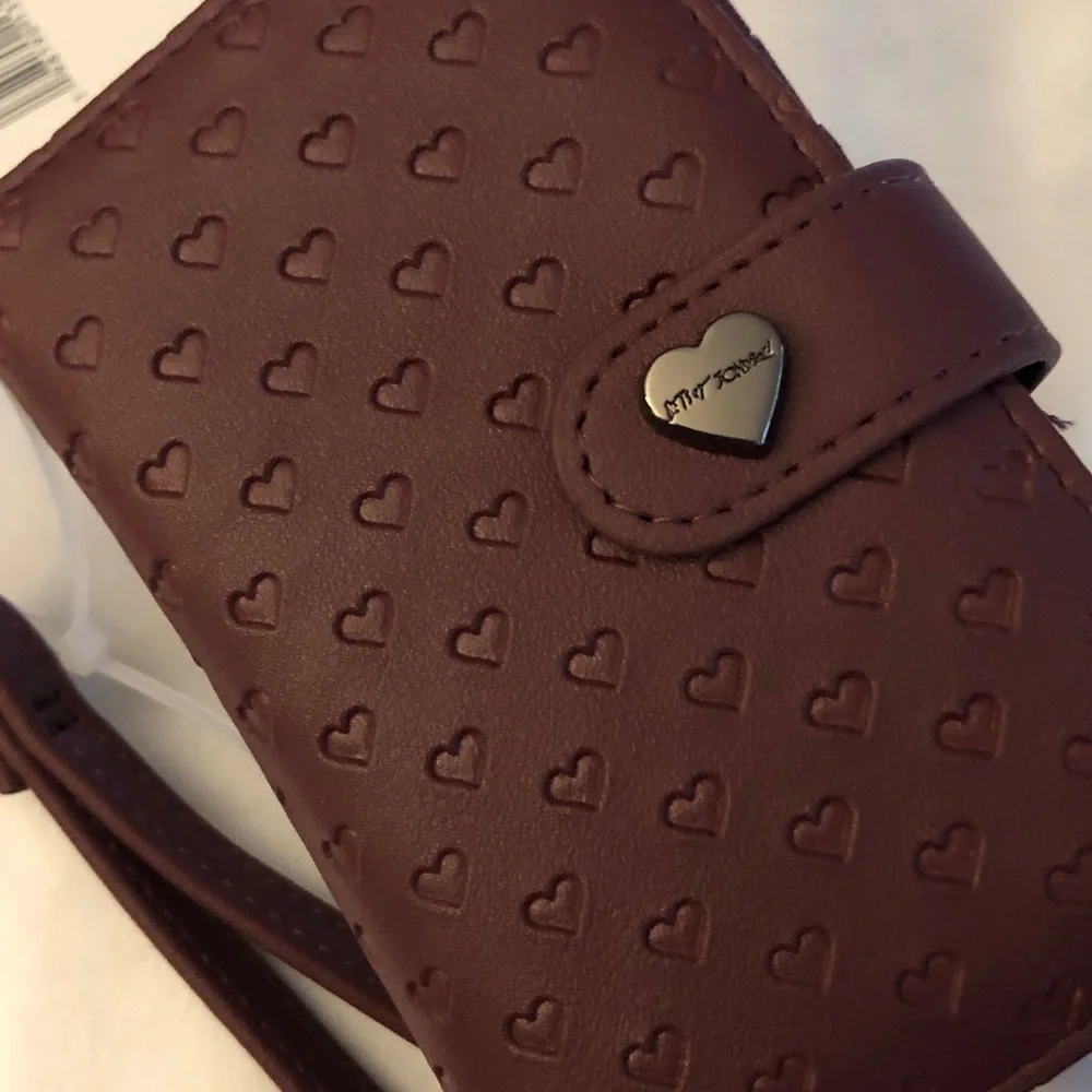 Betsey Johnson XOLEAH Cherry Card Case Wallet Embossed Heart Pattern + Strap NWT